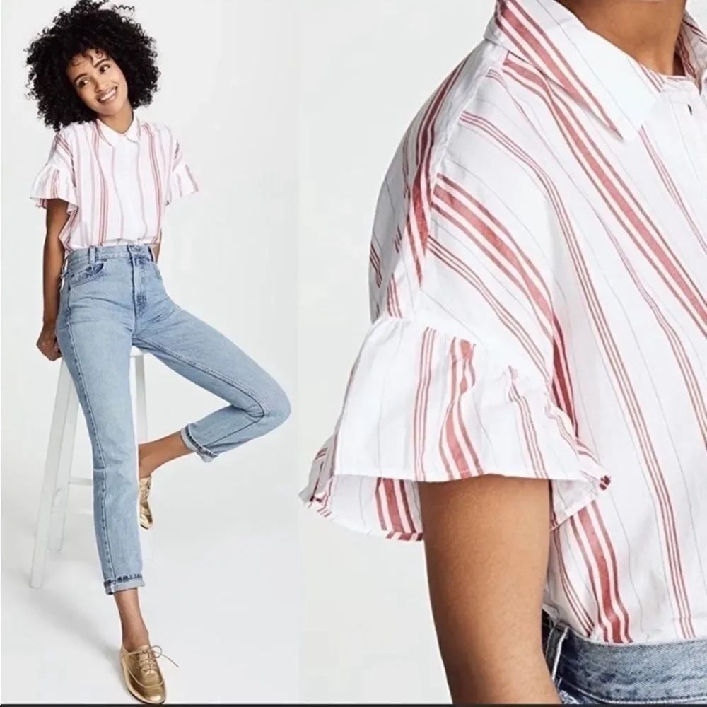 Madewell Central ruffle sleeve cotton shirt in Carey stripe red white size XS